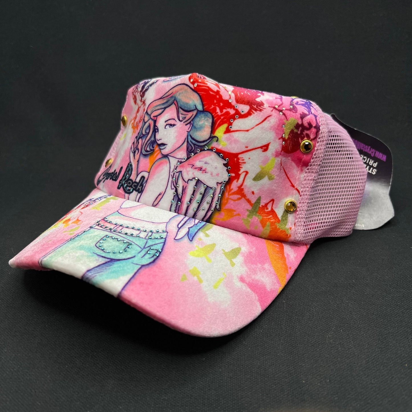 Crystal Rock Christian Audigier Pink Angel Graphic Rhinestone Trucker Hat