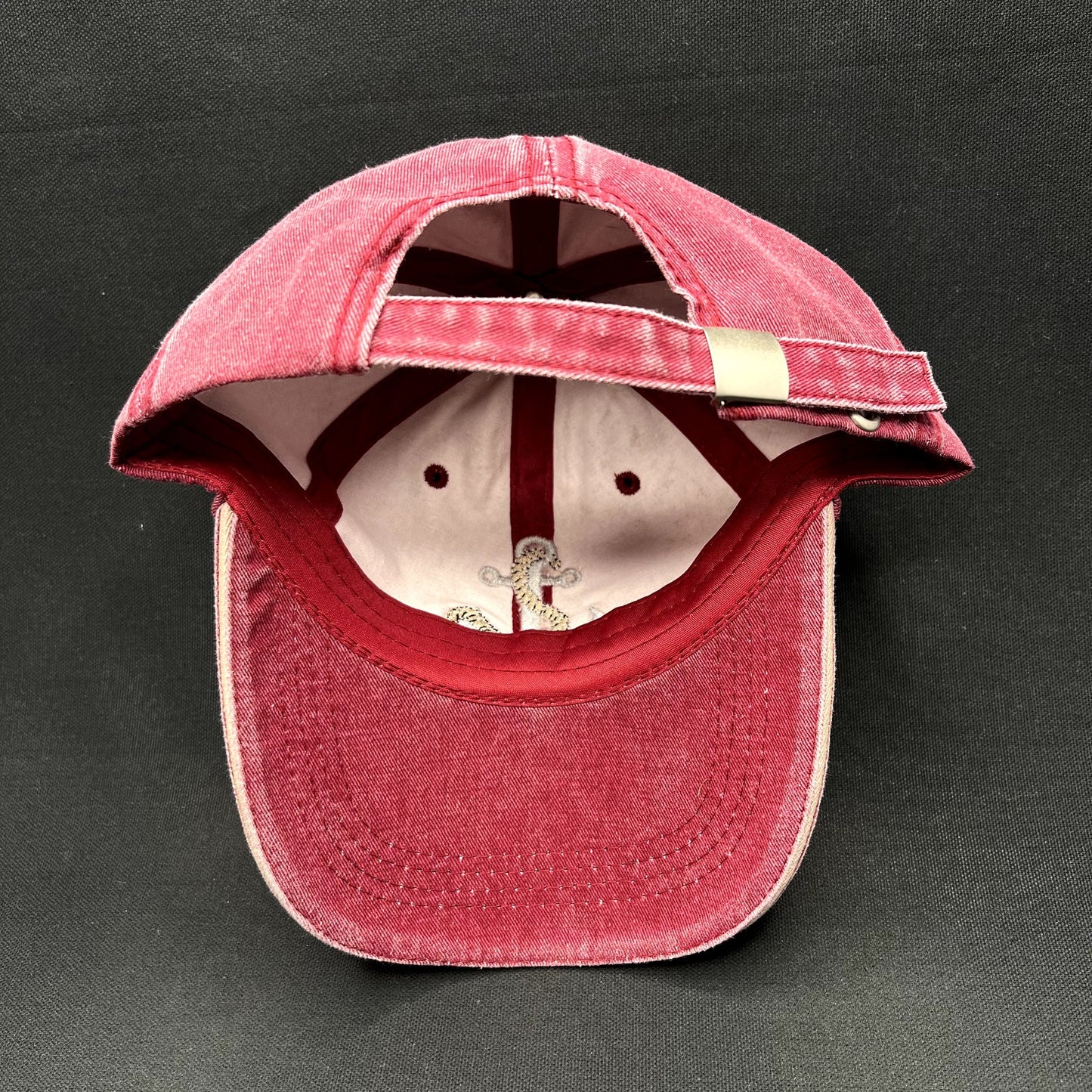 Vintage Nautical Anchor Embroidered Washed Red Cotton Strapback Hat Adjustable
