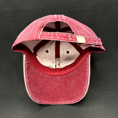 Vintage Nautical Anchor Embroidered Washed Red Cotton Strapback Hat Adjustable