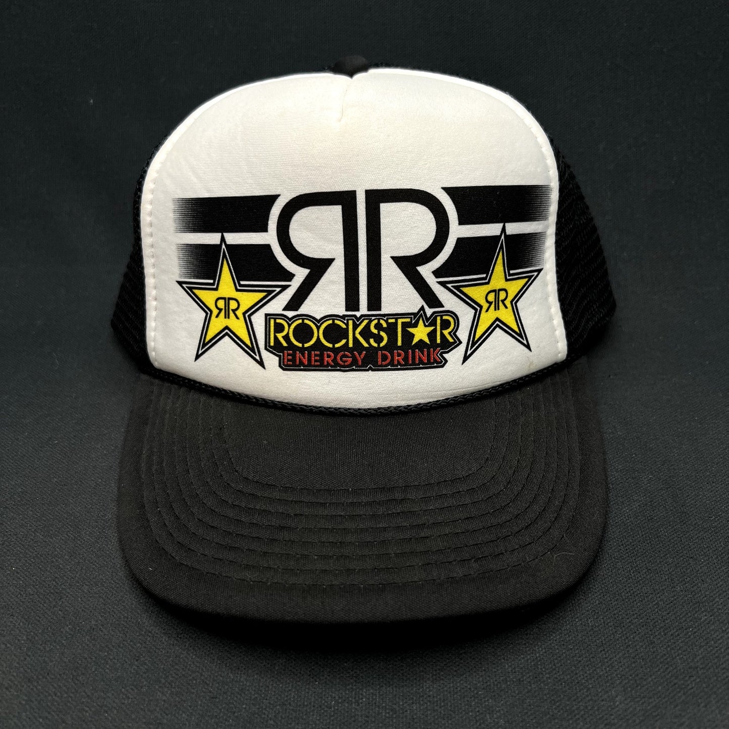 Vintage Y2K Rockstar Energy Drink Logo Mesh Trucker Snapback Hat Black White