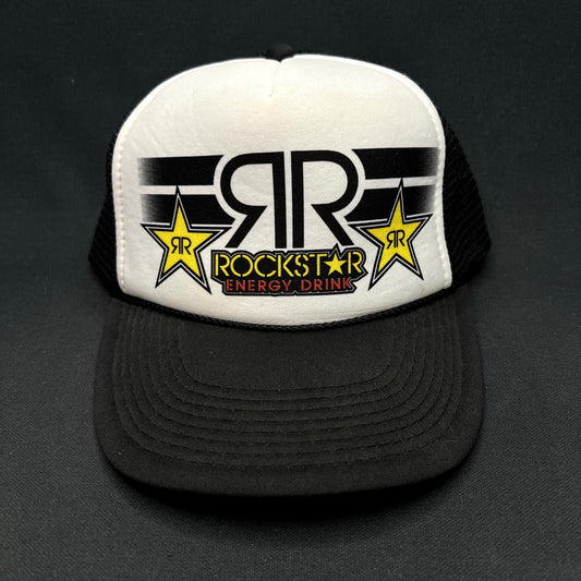 Vintage Y2K Rockstar Energy Drink Logo Mesh Trucker Snapback Hat Black White