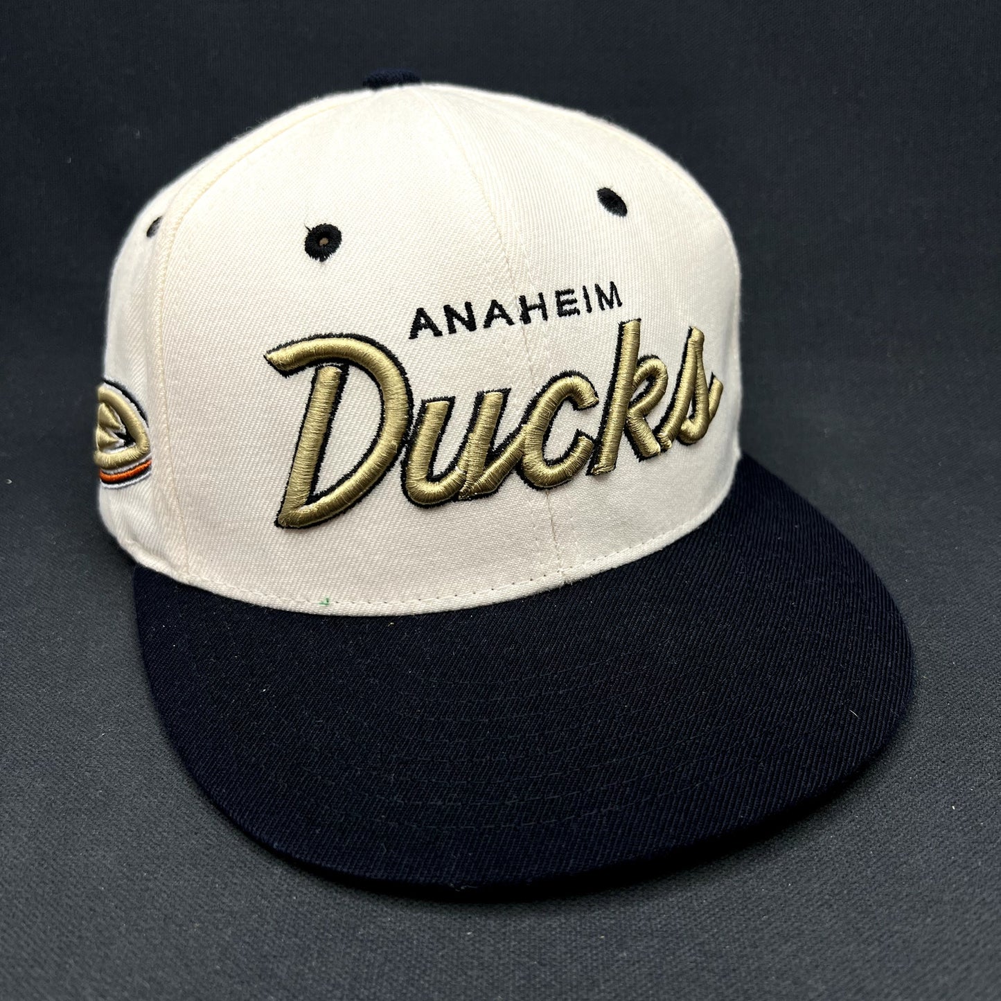 Anaheim Ducks Zephyr Script Snapback Hat NHL Hockey Cap White Black