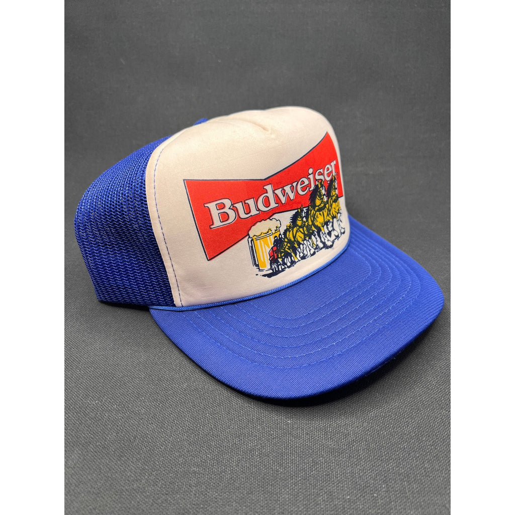 Vintage Budweiser Brewery 1980s Trucker Hat Blue Mesh Foam Snapback Beer Logo