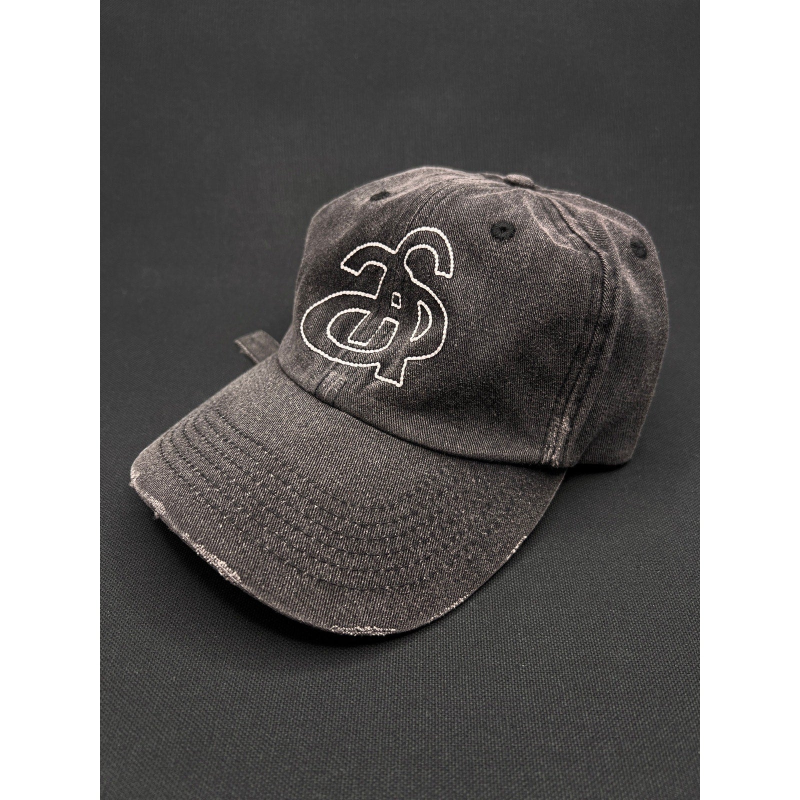 Ann Andelman Distressed Black Denim Cap – Minimalist Monogram Logo Hat