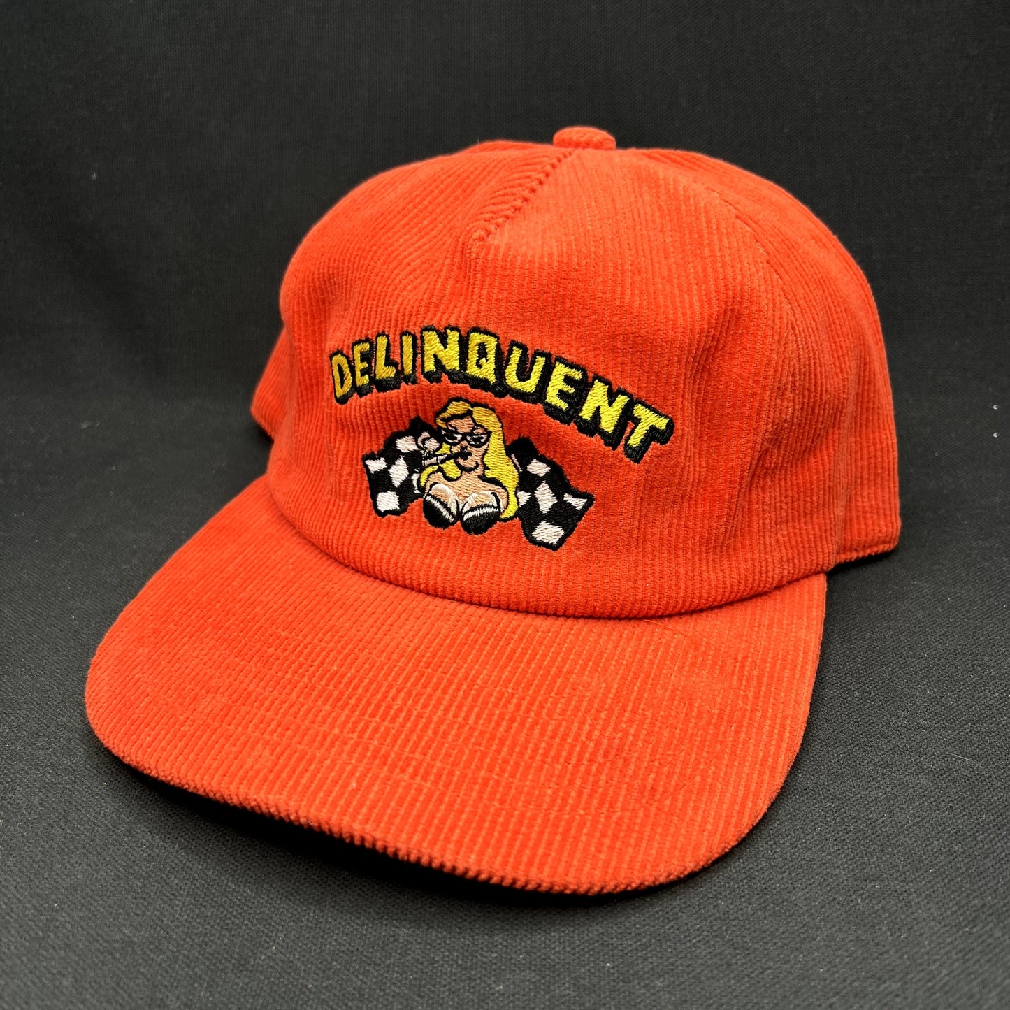 Delinquent Bros Corduroy Snapback Hat Red Racing Pinup Cap