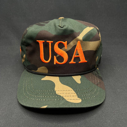 Trump 45 USA Camo Snapback Hat Made in USA Orange Embroidery