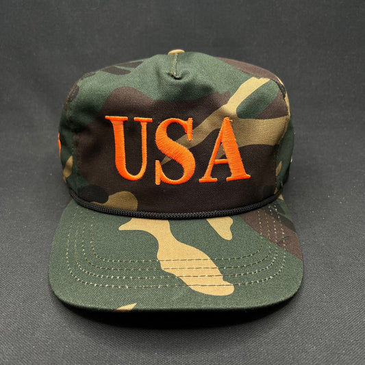 Trump 45 USA Camo Snapback Hat Made in USA Orange Embroidery