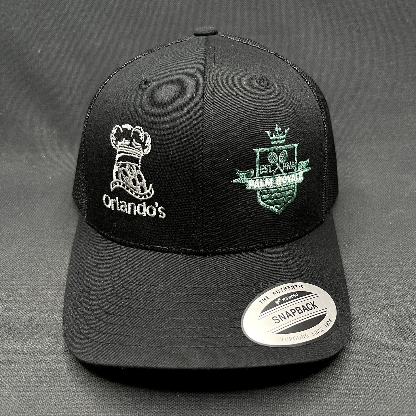 Orlando’s Palm Royale Trucker Snapback Hat Yupoong Black Mesh Cap