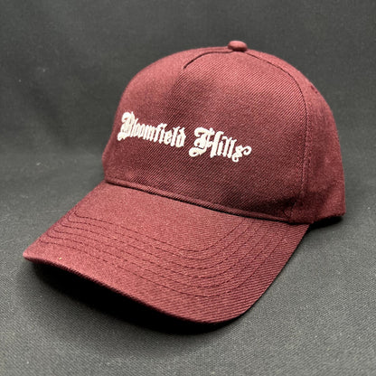 Bloomfield Hills Snapback Hat Burgundy Gothic Script Cap