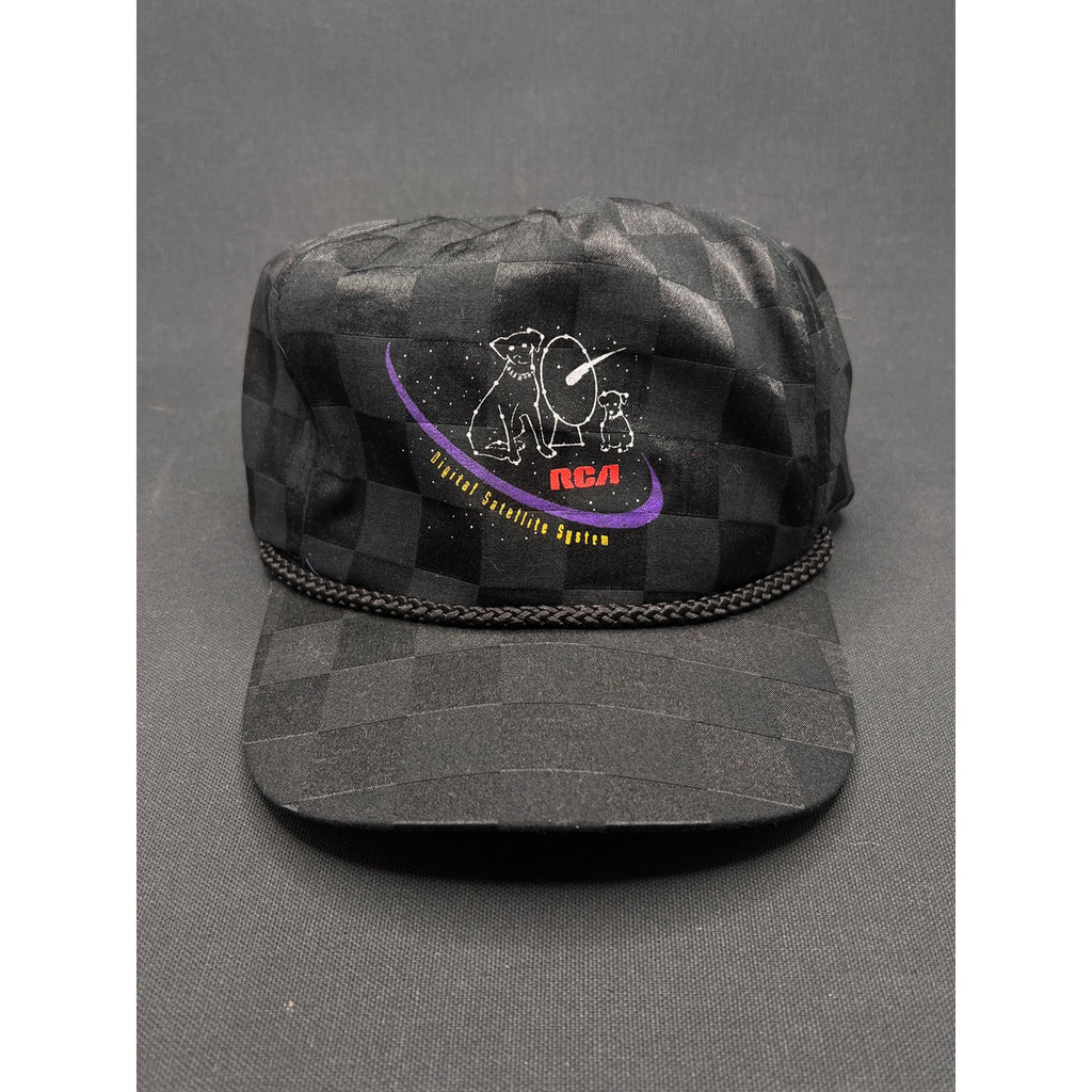 Vintage 1990s RCA DSS Satellite System Rope Hat – Black Checkered Taiwan Made