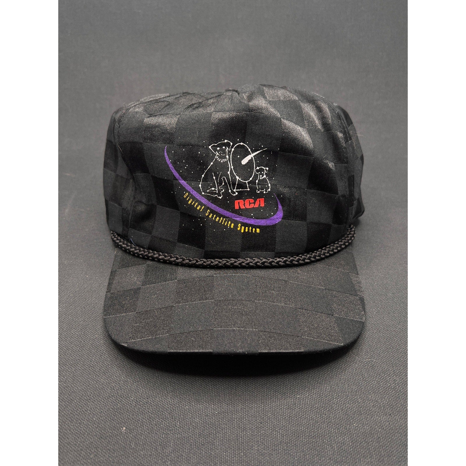 Vintage 1990s RCA DSS Satellite System Rope Hat – Black Checkered Taiwan Made