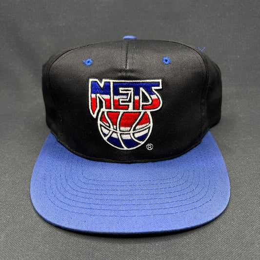 Vintage New Jersey Nets Snapback Hat NBA AJD Logo Black Blue