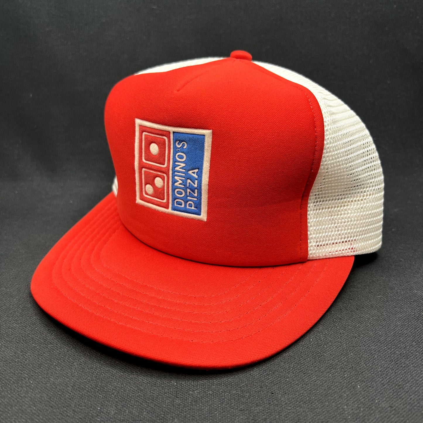 Vintage 1980s Domino’s Pizza Sample Trucker Snapback Hat Red White USA