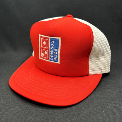 Vintage 1980s Domino’s Pizza Sample Trucker Snapback Hat Red White USA