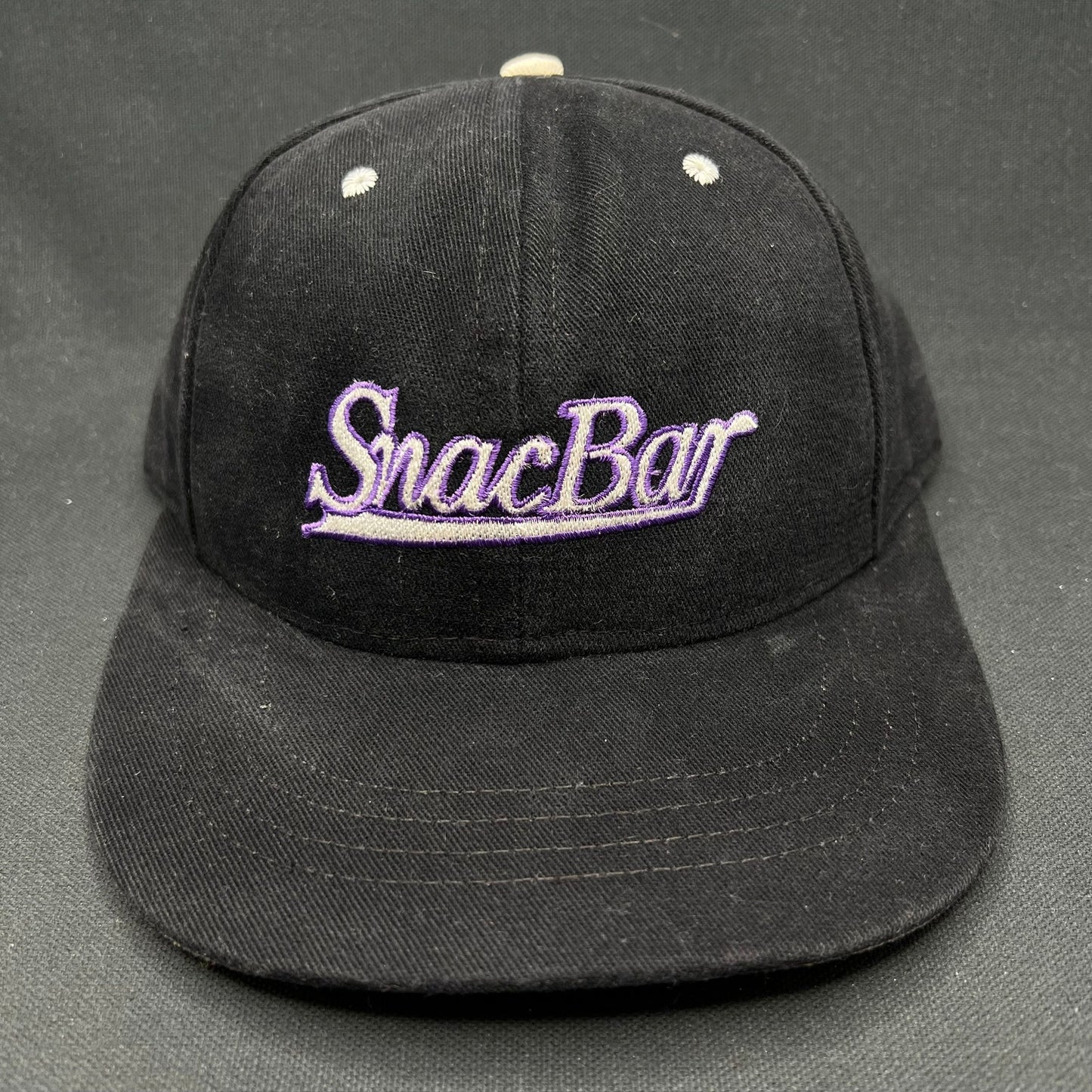 Vintage Snack Bar Snapback Hat Black Purple Script 90s USA