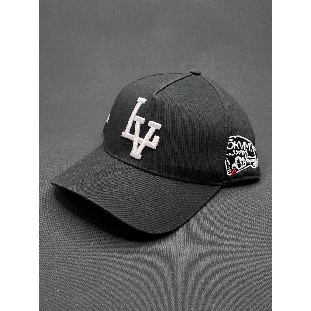 Okami Brand LV Las Vegas LA Flip Black Strapback Hat Streetwear Embroidered Logo