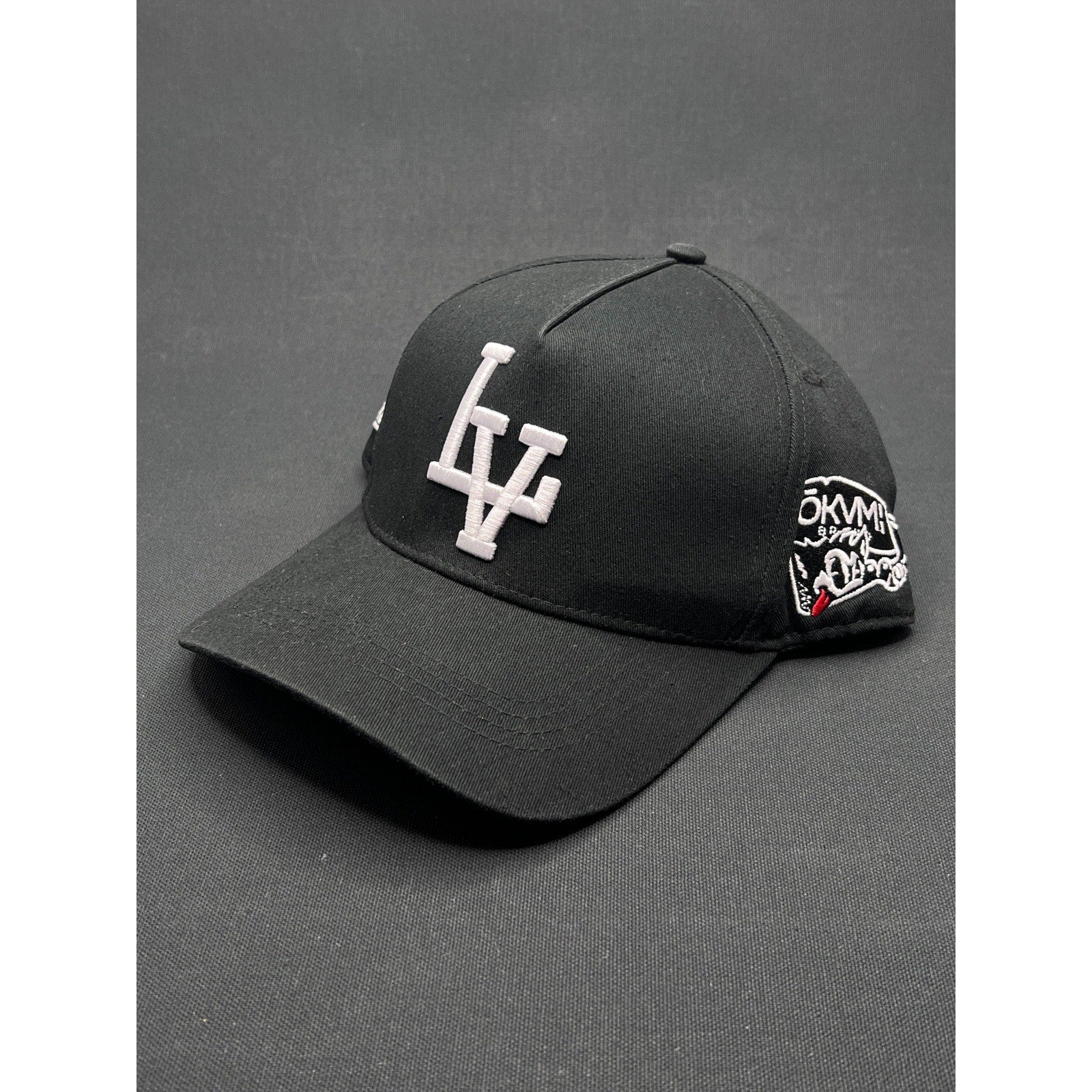 Okami Brand LV Las Vegas LA Flip Black Strapback Hat Streetwear Embroidered Logo