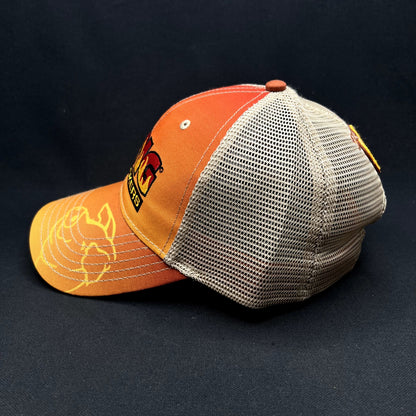 Lang BBQ Smokers Trucker Snapback Hat Orange Tan Flame Logo Reverse Flow BBQ Cap