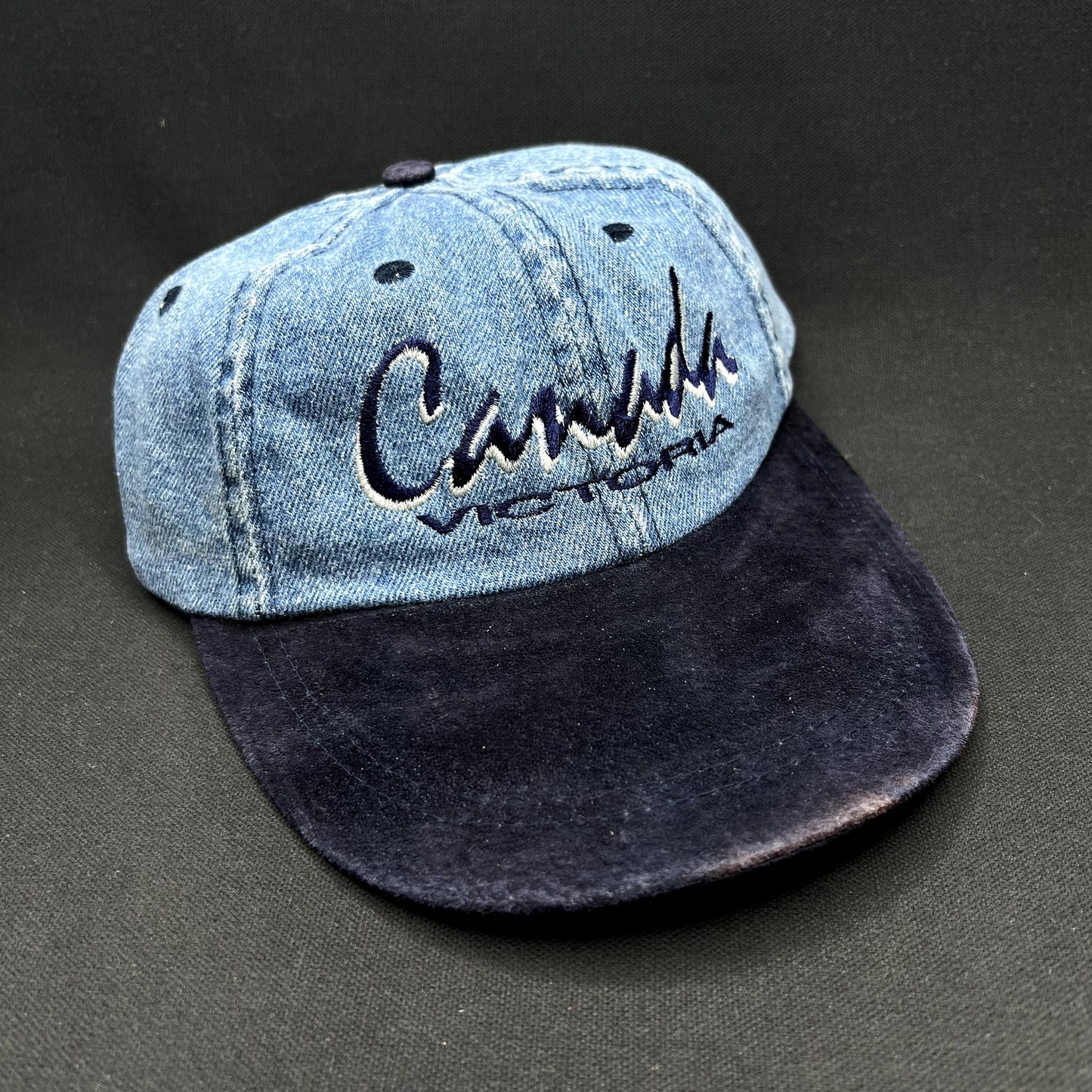 Vintage Canada Victoria Denim Snapback Hat Suede Brim Cityscape
