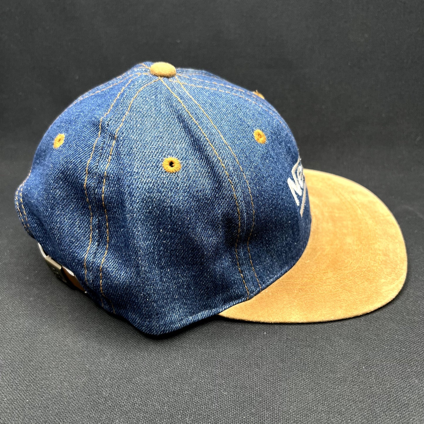 Vintage Nestlé Denim Suede Strapback Hat Otto Cap Distressed USA