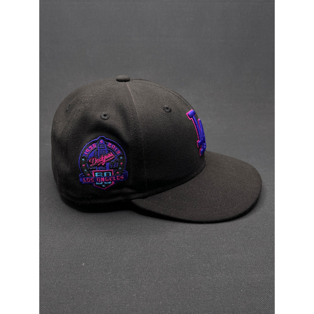New Era LA “60 Years” Black Fitted Hat – Pink/Blue Embroidery (7 1/4)