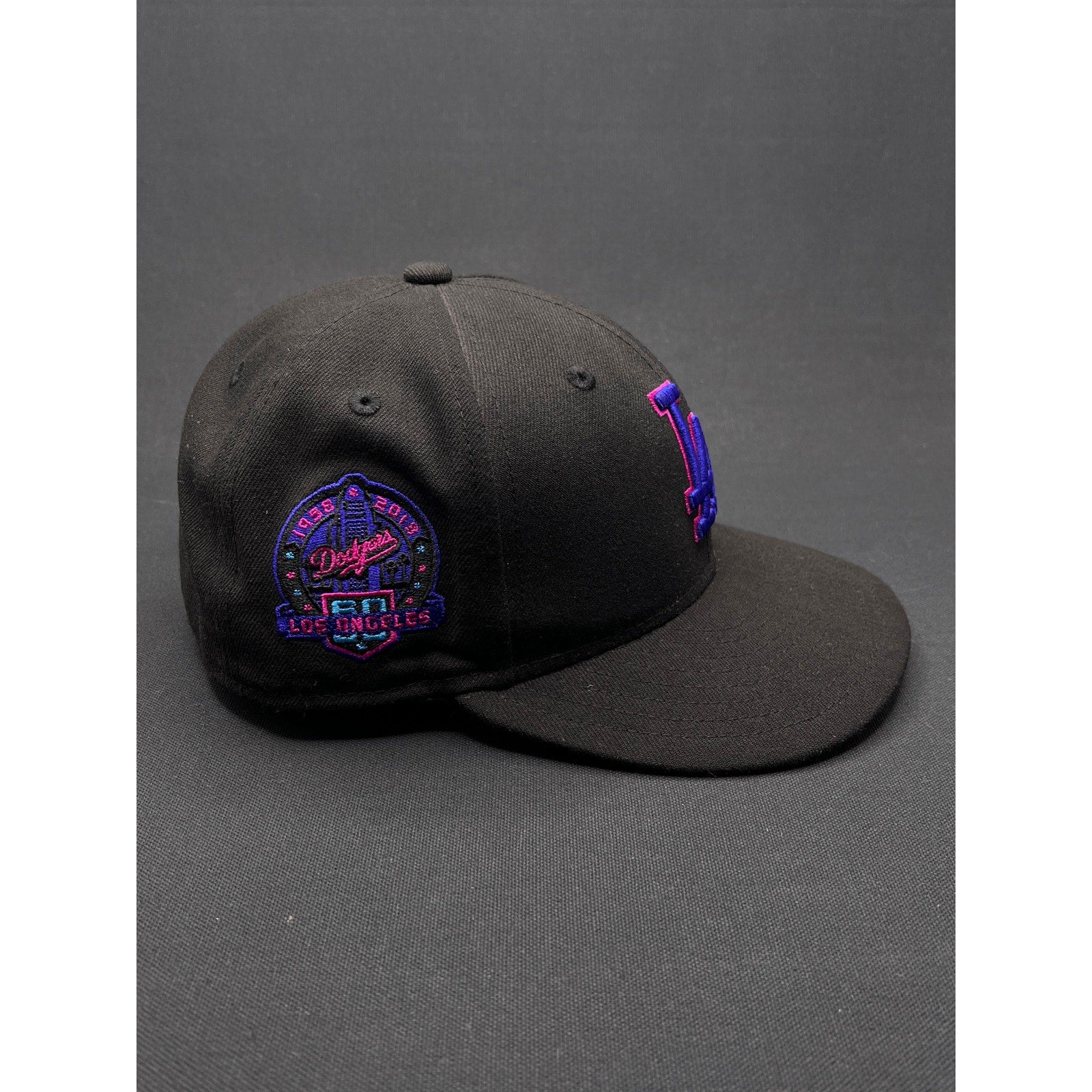 New Era LA “60 Years” Black Fitted Hat – Pink/Blue Embroidery (7 1/4)