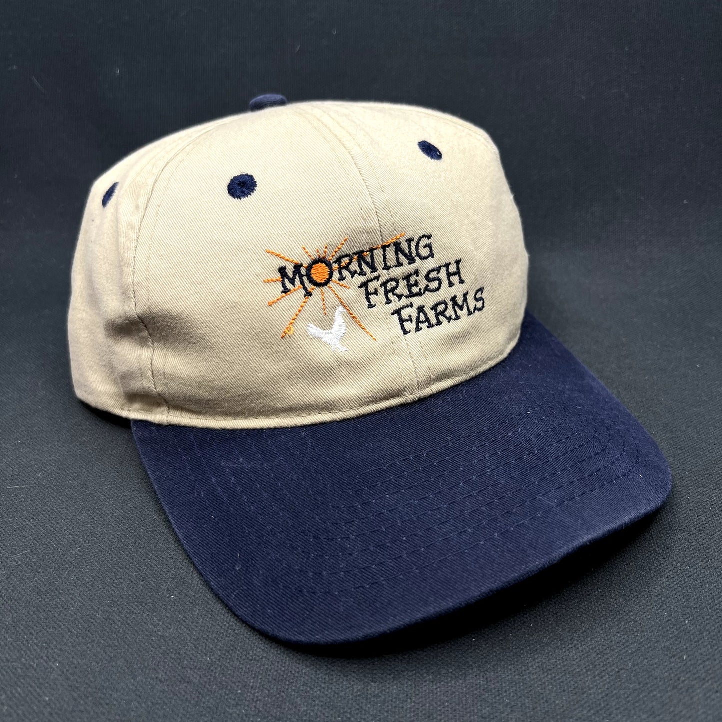 Morning Fresh Farms Vintage Snapback Hat Khaki Navy Farm Agriculture Cap