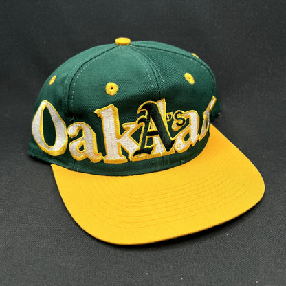 Vintage 90s Oakland A’s Logo 7 Snapback Hat Script Big Logo Green Yellow