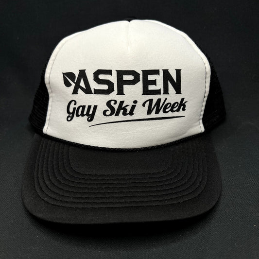 Vintage Aspen Gay Ski Week Otto Trucker Snapback Hat Black White