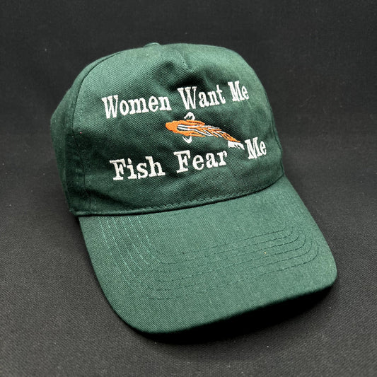 Women Want Me Fish Fear Me Funny Fishing Strapback Hat Green Dad Cap