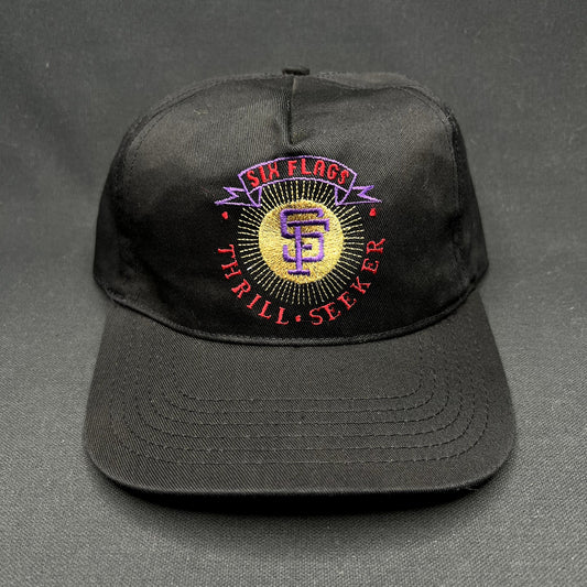 Vintage 90s Six Flags Thrill Seeker Snapback Hat Black USA