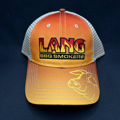 Lang BBQ Smokers Trucker Snapback Hat Orange Tan Flame Logo Reverse Flow BBQ Cap