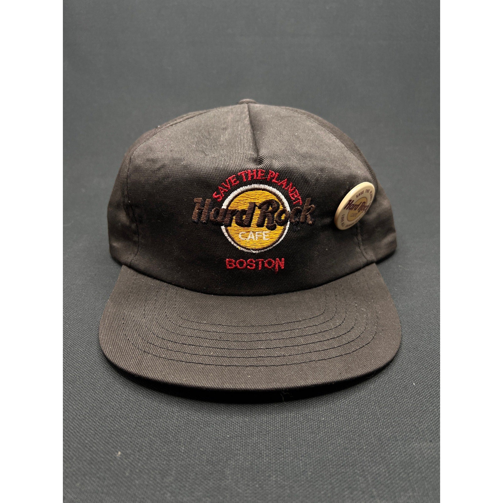 Vintage Hard Rock Cafe Boston Strapback Hat w/ Original Pin – Made in USA