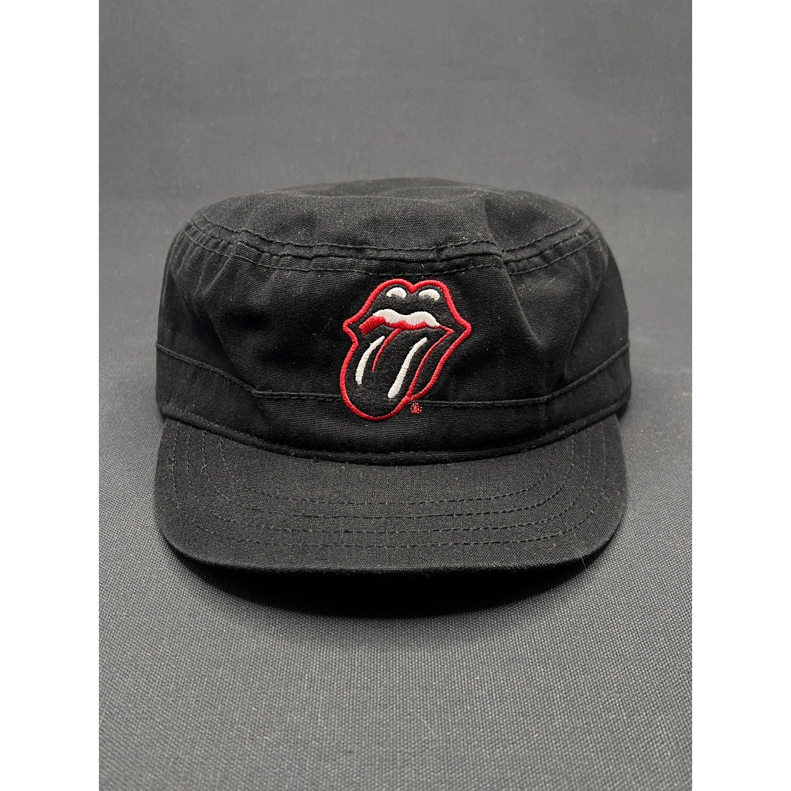 Vintage Rolling Stones Tongue Logo Y2K Military Cap – Black Canvas / Red Underbrim