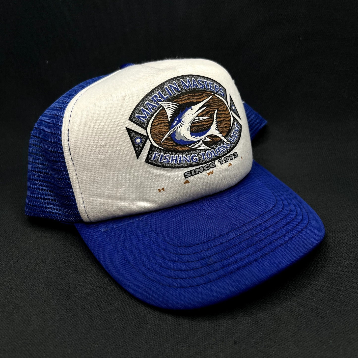 Vintage Marlin Masters Fishing Tournament Hawaii Snapback Trucker Hat Blue White Mesh Cap