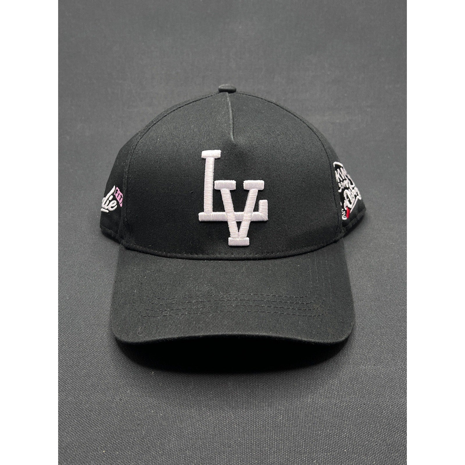 Okami Brand LV Las Vegas LA Flip Black Strapback Hat Streetwear Embroidered Logo