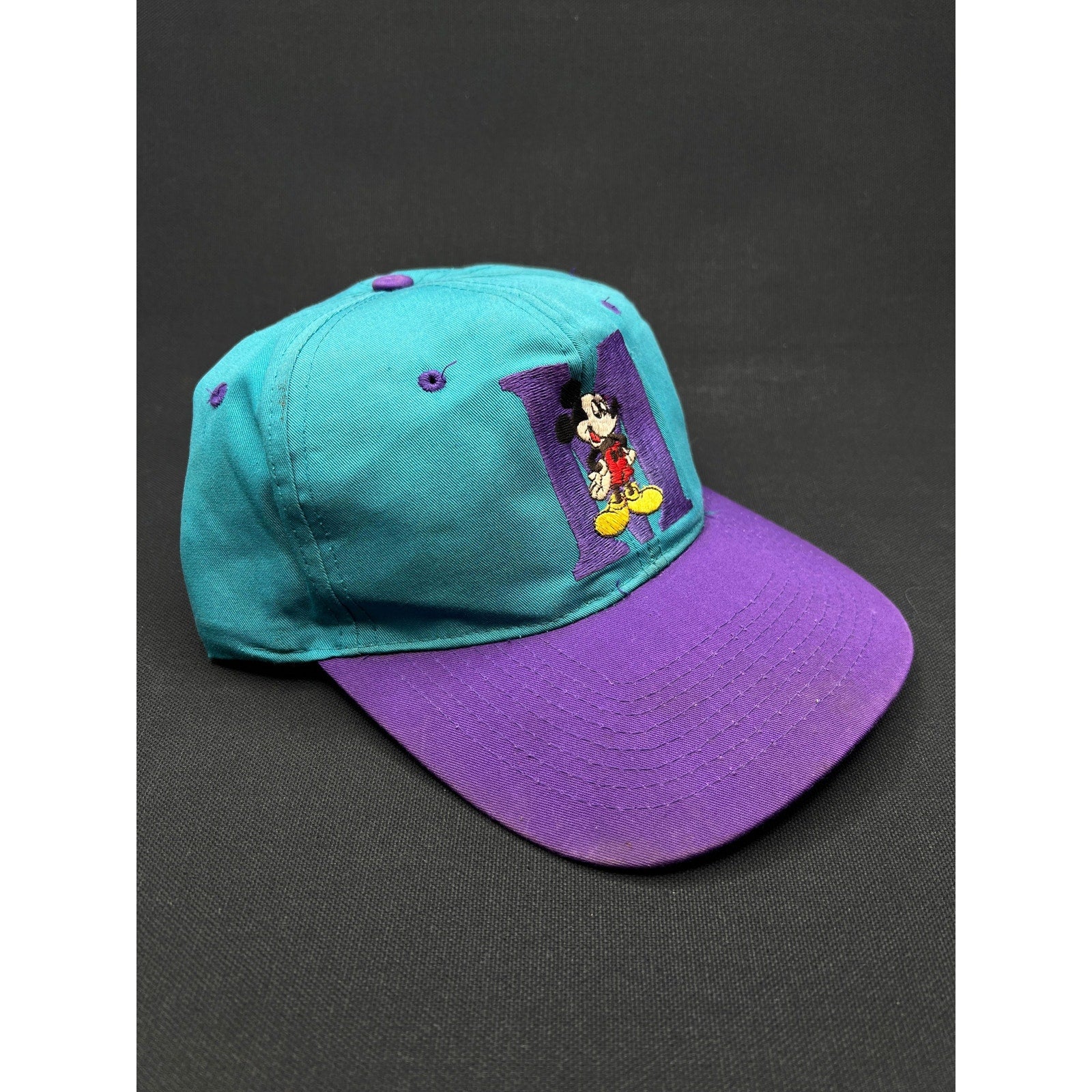 Vintage 1990s Mickey Mouse “M” Hat – Teal & Purple Snapback by Mickey Unlimited (Disney)