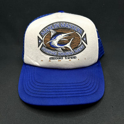 Vintage Marlin Masters Fishing Tournament Hawaii Snapback Trucker Hat Blue White Mesh Cap