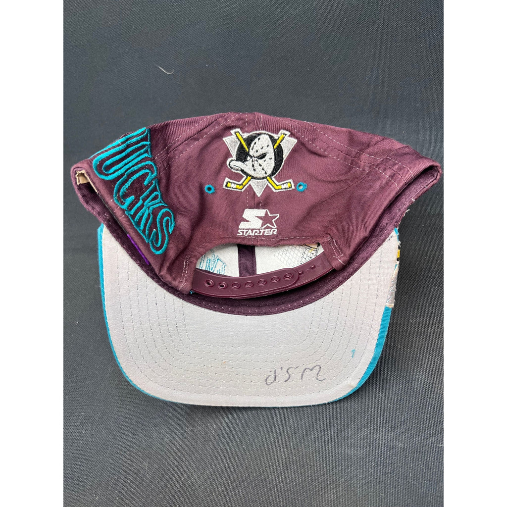 Very Rare Vintage 90s Mighty Ducks Starter Script Snapback Hat Teal Eggplant NHL