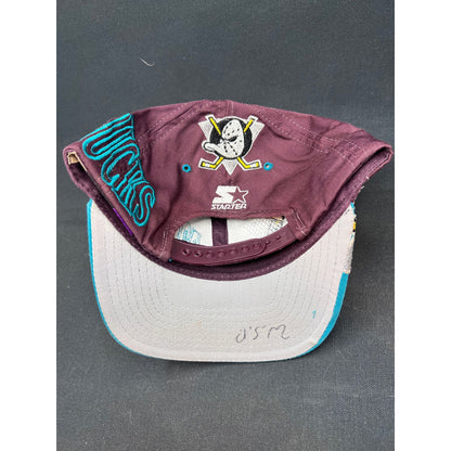 Very Rare Vintage 90s Mighty Ducks Starter Script Snapback Hat Teal Eggplant NHL