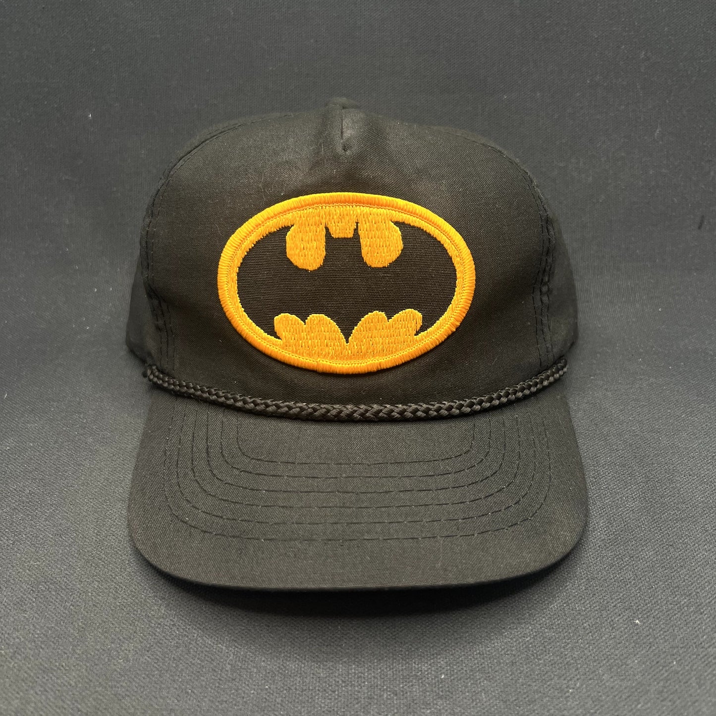 Vintage Batman DC Comics Black Rope Snapback Hat 90s Yellow Logo Cap