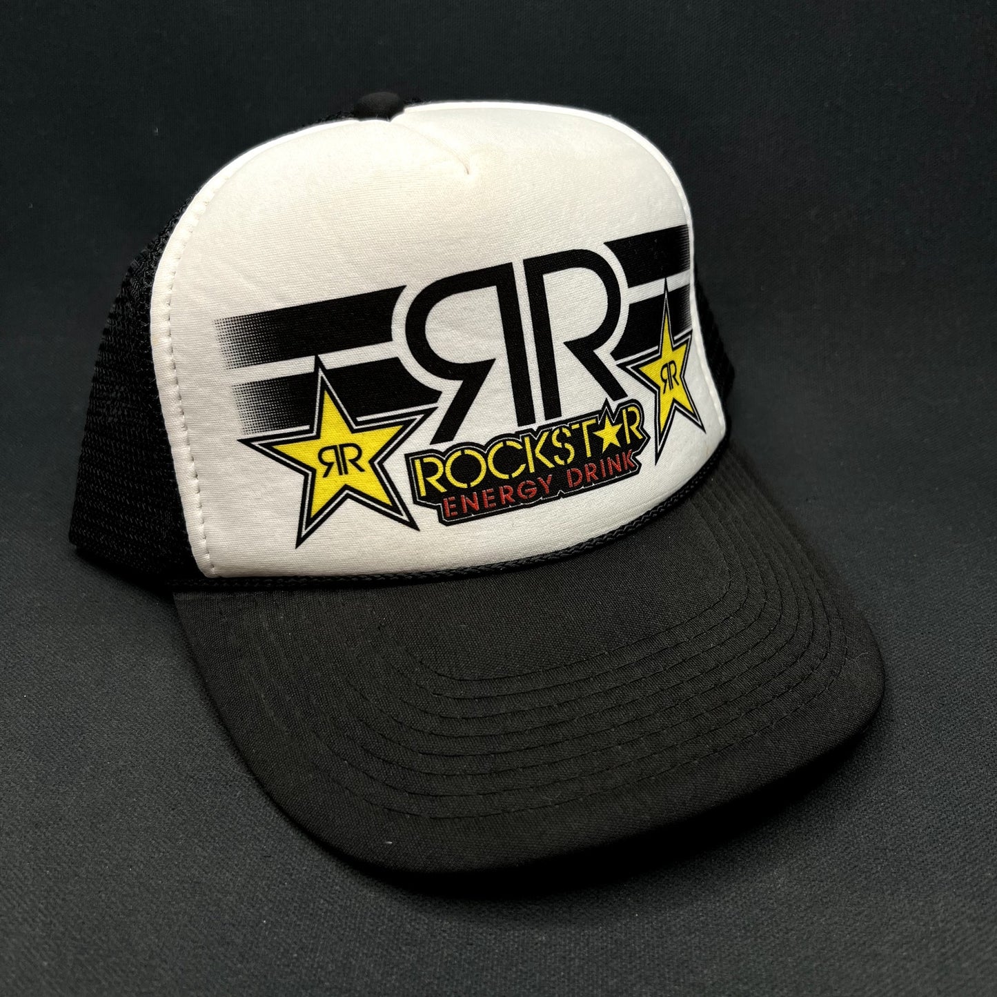 Vintage Y2K Rockstar Energy Drink Logo Mesh Trucker Snapback Hat Black White