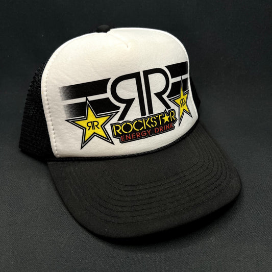 Vintage Y2K Rockstar Energy Drink Logo Mesh Trucker Snapback Hat Black White