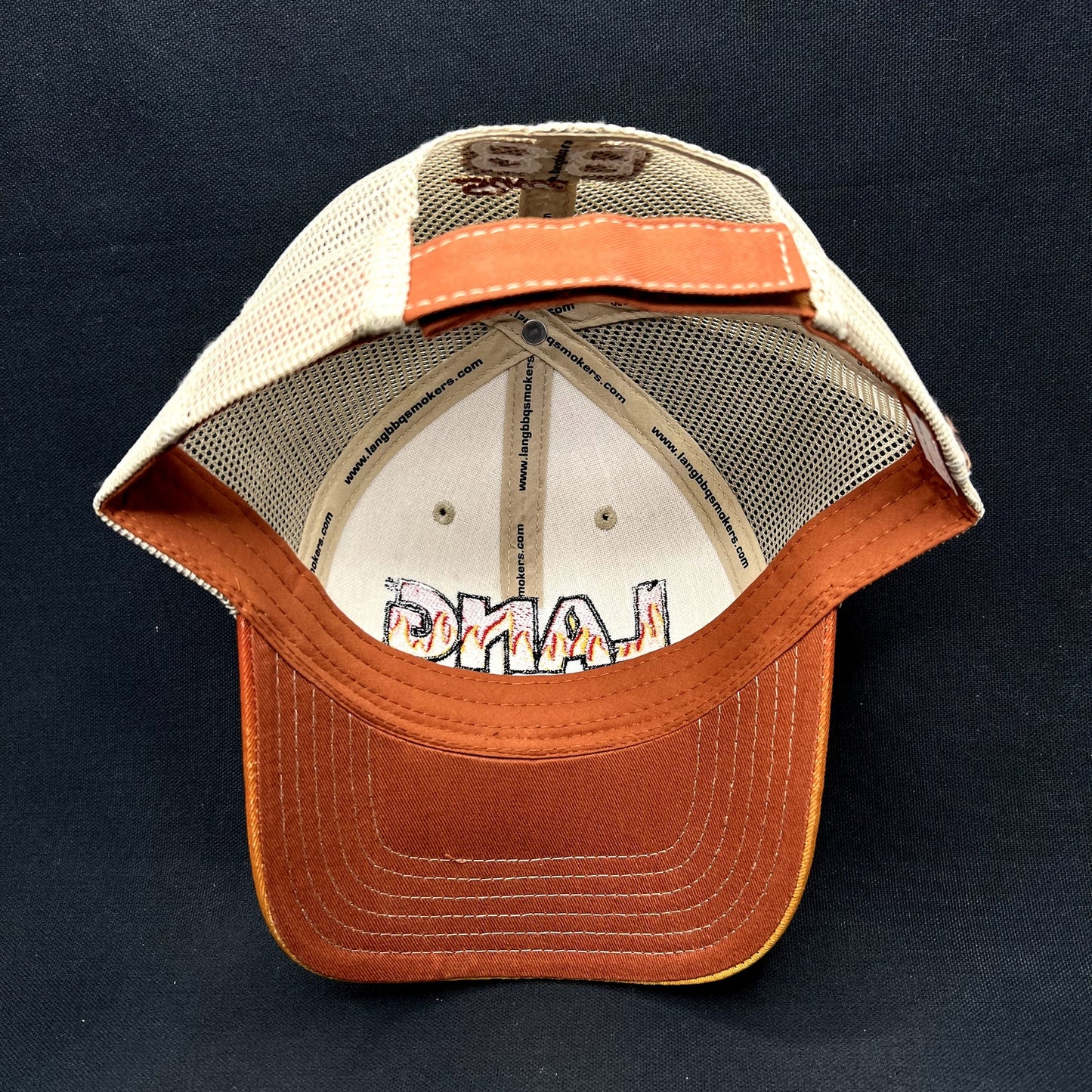 Lang BBQ Smokers Trucker Snapback Hat Orange Tan Flame Logo Reverse Flow BBQ Cap