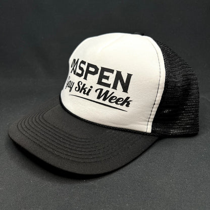 Vintage Aspen Gay Ski Week Otto Trucker Snapback Hat Black White