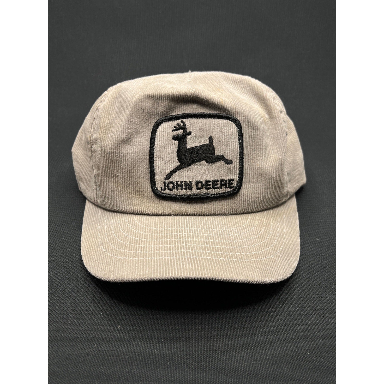 Vintage John Deere Tan Corduroy Hat Leaping Deer Patch Snapback Made in USA
