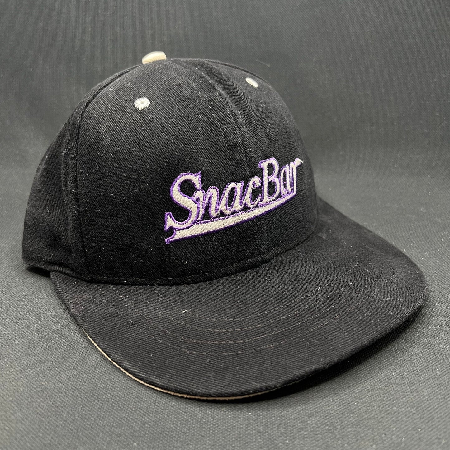 Vintage Snack Bar Snapback Hat Black Purple Script 90s USA