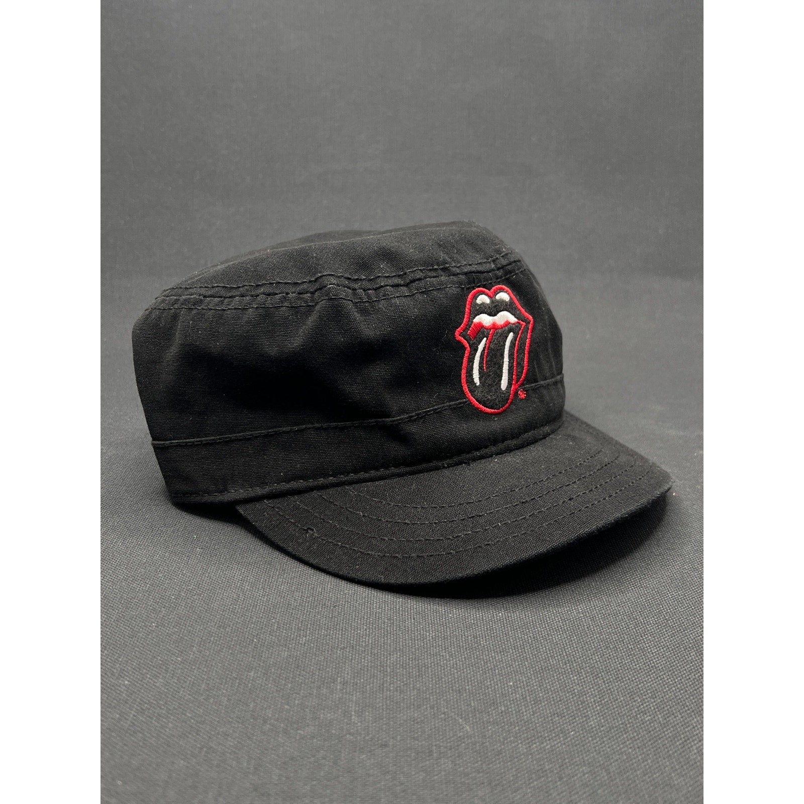 Vintage Rolling Stones Tongue Logo Y2K Military Cap – Black Canvas / Red Underbrim