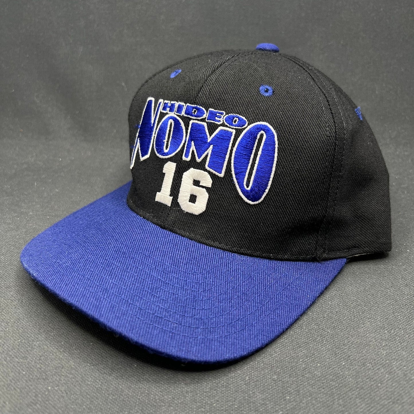 Vintage Hideo Nomo Dodgers Nutmeg Snapback Hat MLB Black Blue 90s