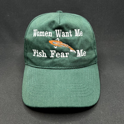 Women Want Me Fish Fear Me Funny Fishing Strapback Hat Green Dad Cap